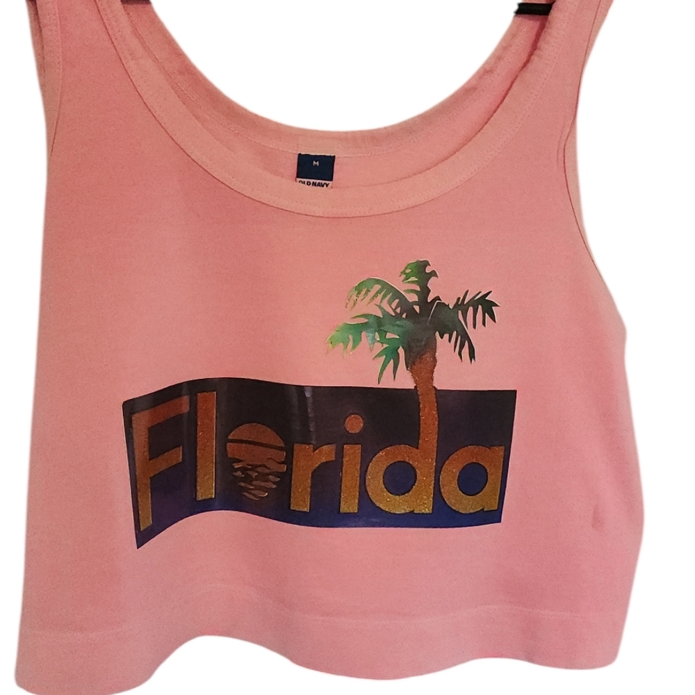 Hot pink tank top with vintage 70s or 80s Florida  jelly glitter transfer